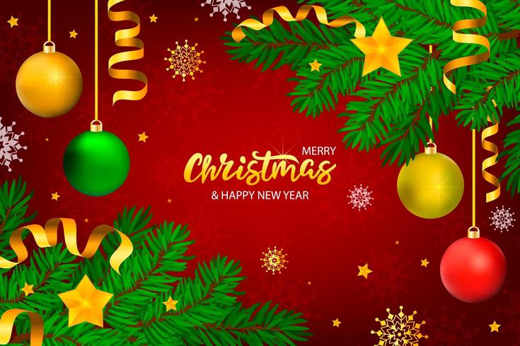 Red Christmas banner with lettering and tree with stars and ribbons vector