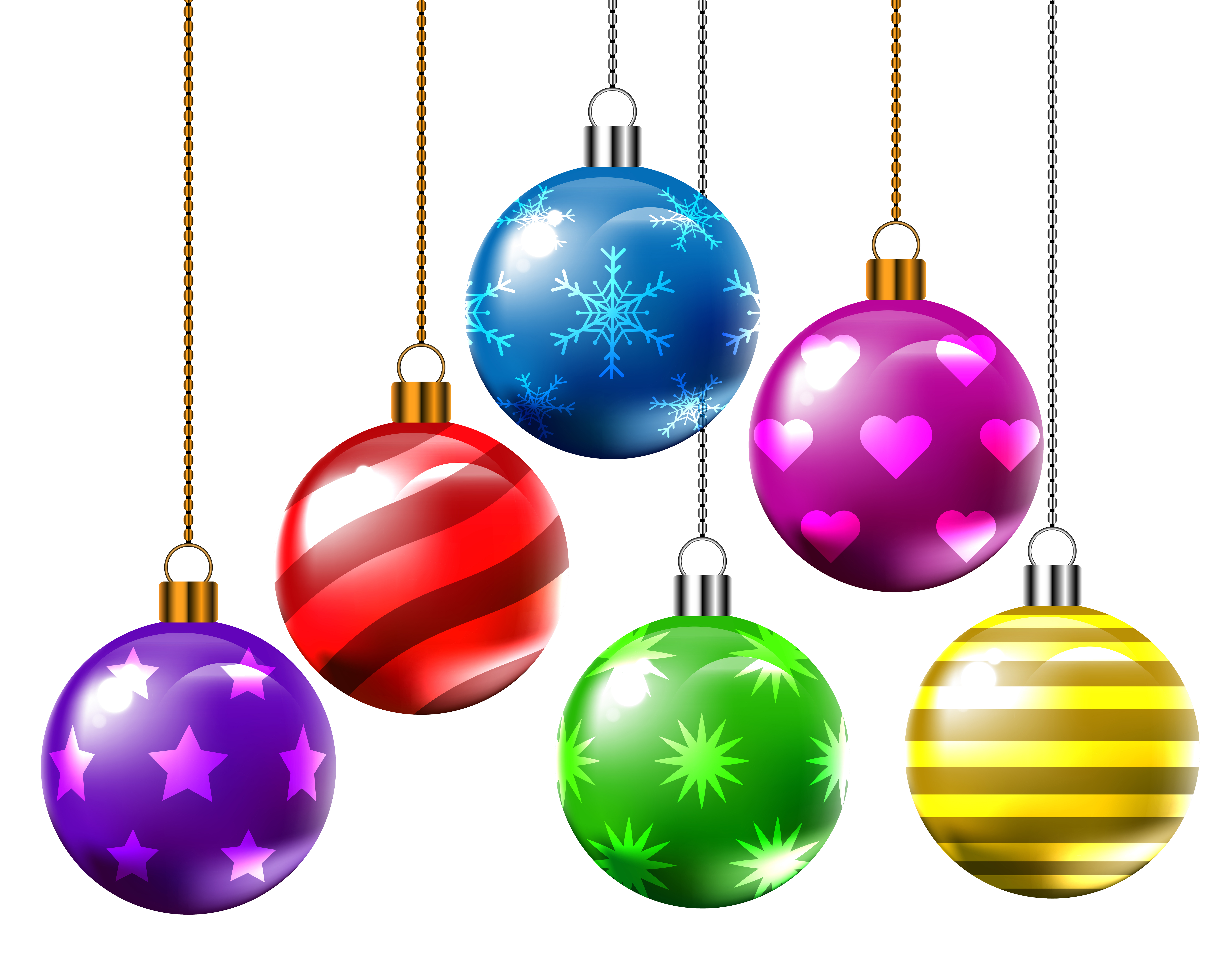 Six Christmas balls with different patterns and colors. 690001