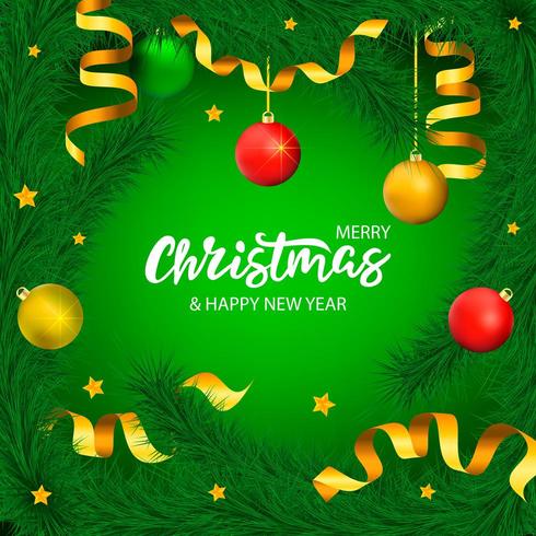 Green Christmas banner with lettering and tree with stars and ribbons vector