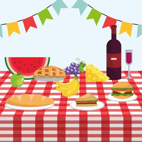 table with wine and healthy fruits in the tablecloth vector