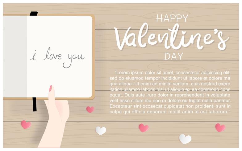 Flat design Valentine's card with hand holding diary  vector