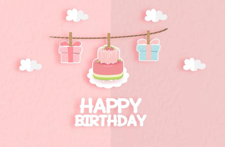 Birthday card with beautiful berry cake and gift box  vector