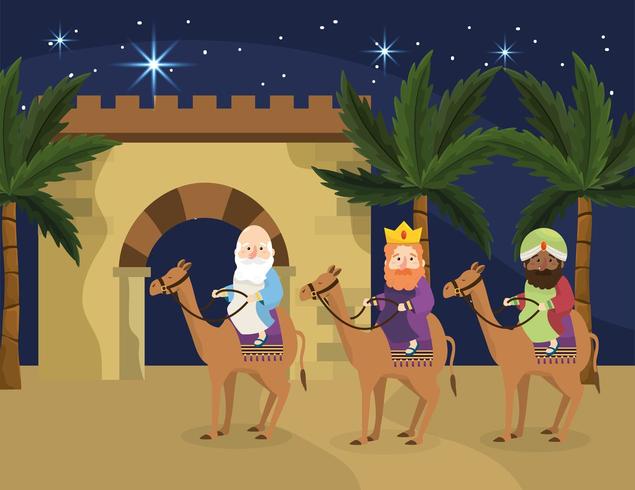 reyes magos montan camellos con palmeras vector