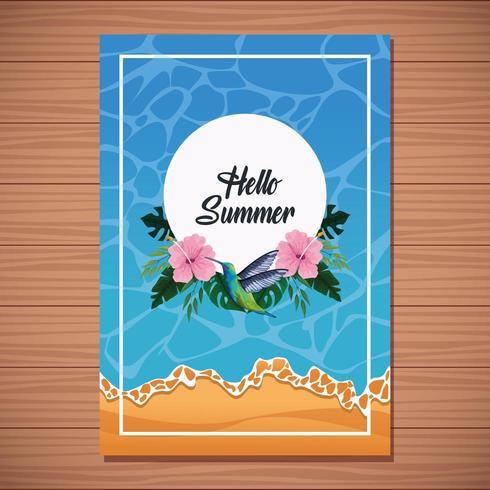 Hello summer card on wooden background with ocean and beach vector