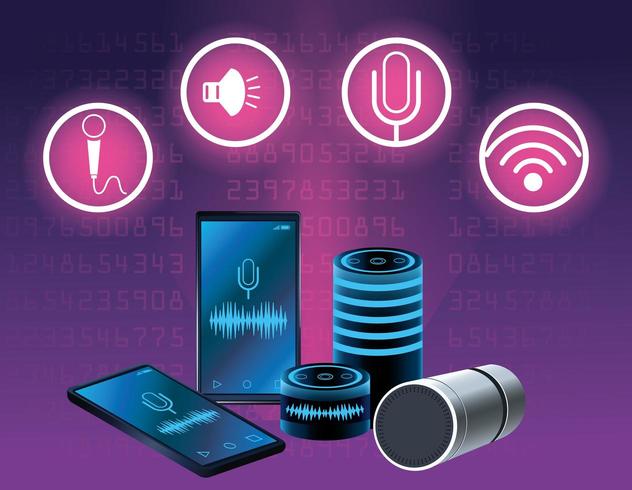 Smartphone voice recognition speaker with round icons set vector