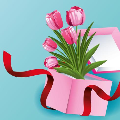 Tarjeta de flores de tulipán con flores en caja de regalo vector