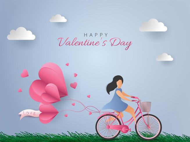 Happy Valentine's day day card. Woman riding bicycle with heart air balloons on blue sky background. Vector paper illustration