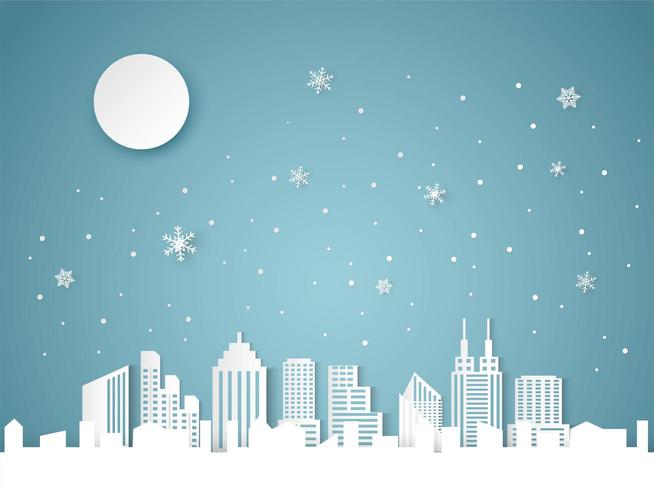 Christmas and happy new year blue background with cityscape and snowflake vector