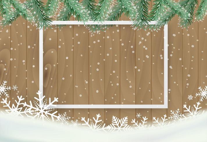 Christmas background with snowflake on wood and white frame vector