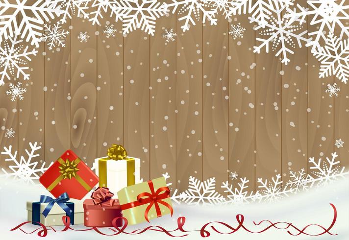 Christmas and happy new year background with snowflake on wood with gifts vector