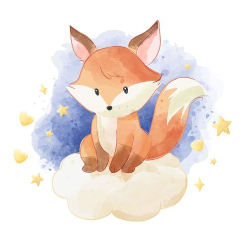 cute fox sitting on the cloud with stars vector