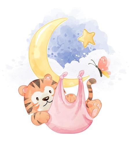 tiger in hammock hanging on the moon vector