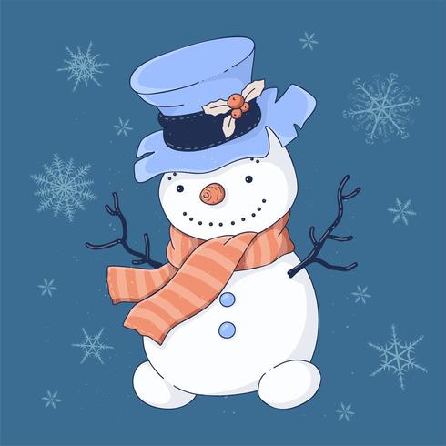 Christmas card cute cartoon snowman in top hat and scarf vector