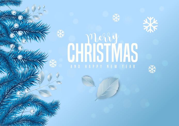 Merry christmas lettering on ice blue background decorated with pine leaves and berries. vector