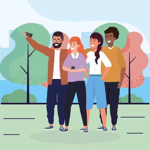women and men friends with smartphone and trees vector