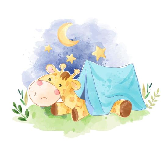 cute giraffe sleeping in the tent illustration vector