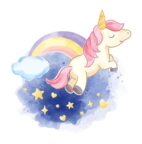 cute unicorn on the night sky with rainbow vector