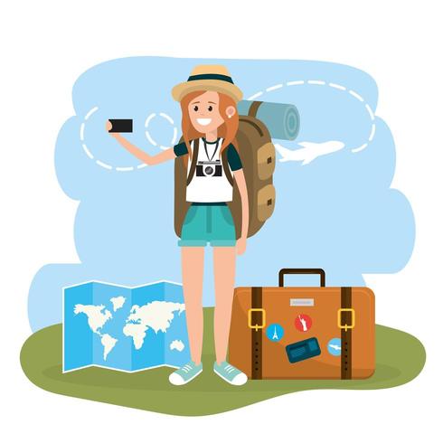 woman tourist with smartphone and briefcase travel vector