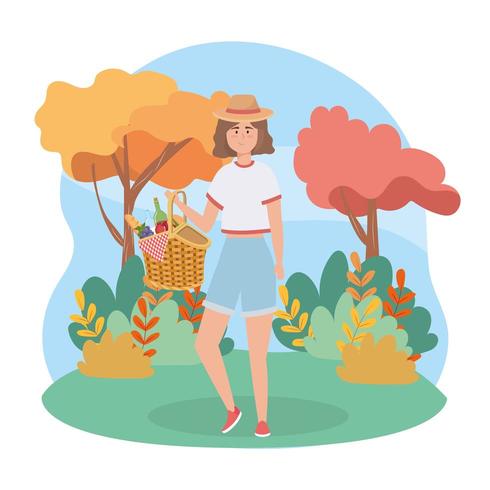woman with hamper food and wine bottle and grapes vector