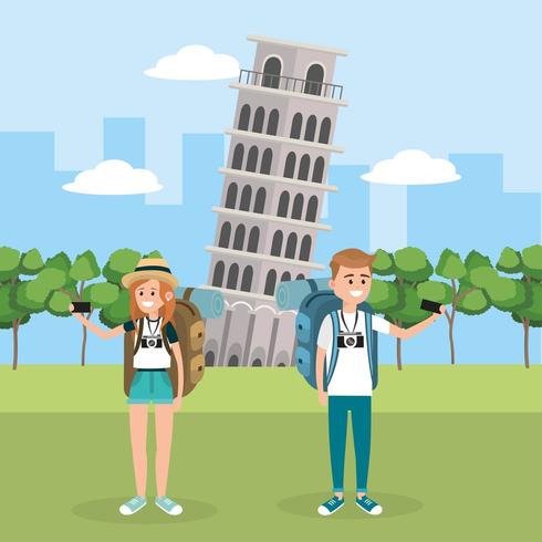 woman and man travel in the leaning tower of pisa vector