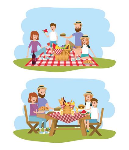 family together with basket to picnic recreation vector