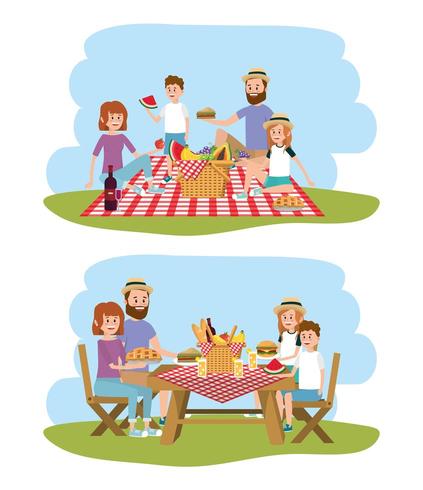 familia junto con la canasta para la recreación de picnic vector