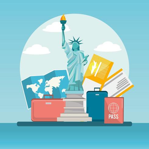 statue of liberty trabel with baggage and passport vector