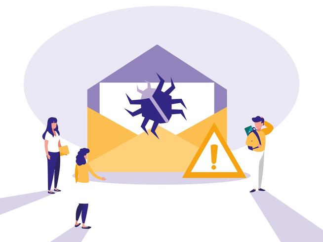 mini personas con correo de sobres y virus de ataque vector