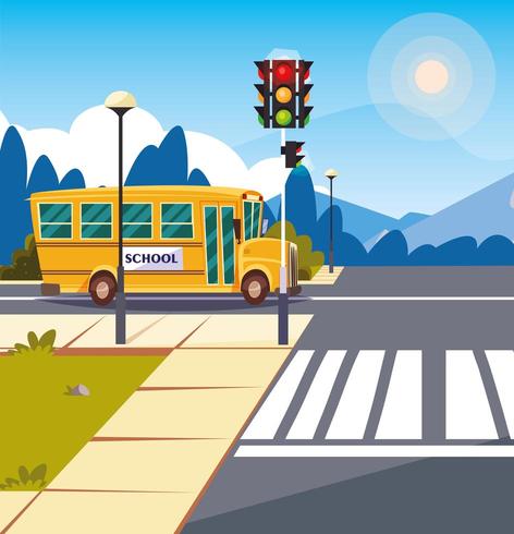 school bus transportation in road with traffic light vector