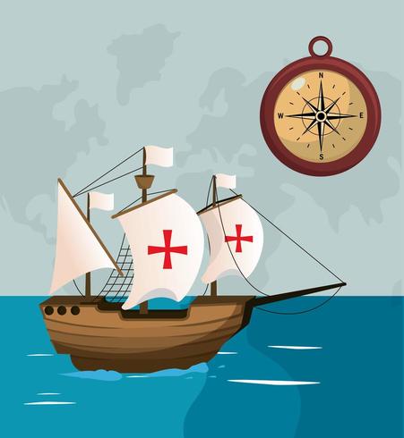 ship navigating on sea with compass vector