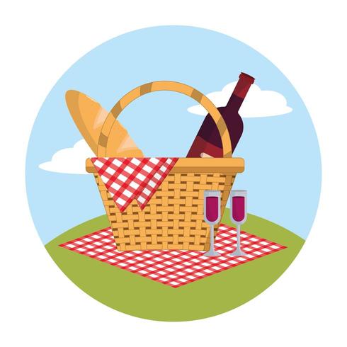 baskte with wine and bread in the tablecloth decoration vector