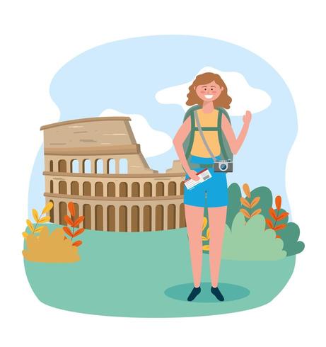 woman with backpack and ticket to colosseum destination vector