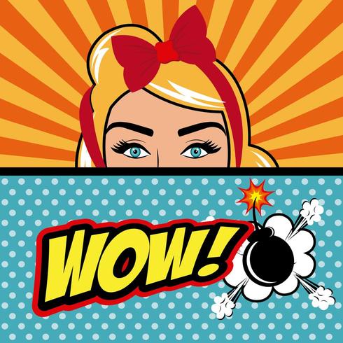 Pop art woman with Wow text and Bomb vector