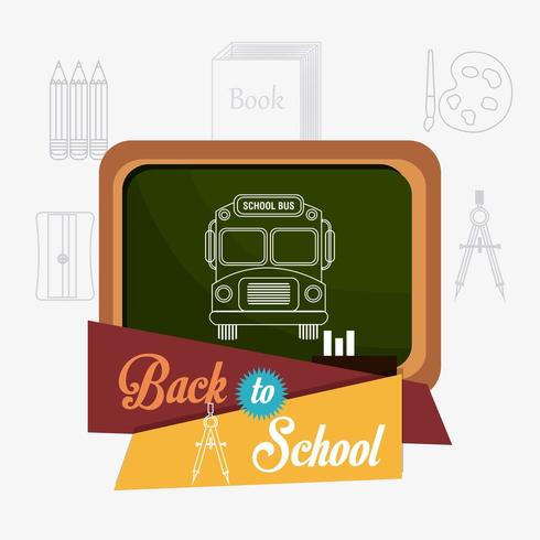 Diseño de regreso a la escuela con autobús en pizarra e iconos de útiles escolares vector