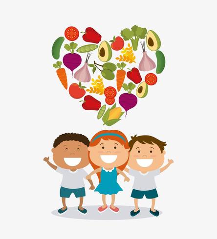 Niños bajo corazón de vegetales vector