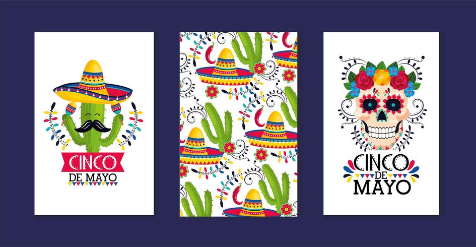 set cards decoration to traditional mexican event vector