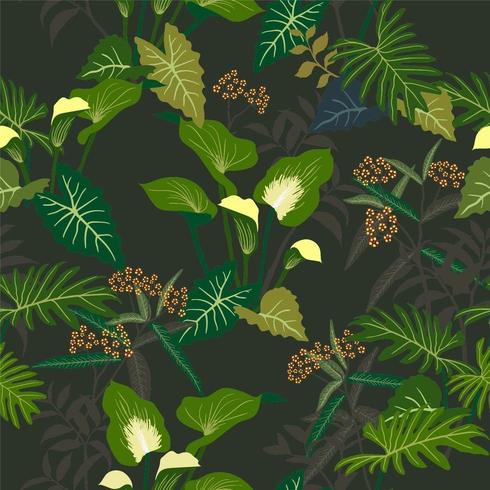 Tropical floral and leaves seamless pattern vector