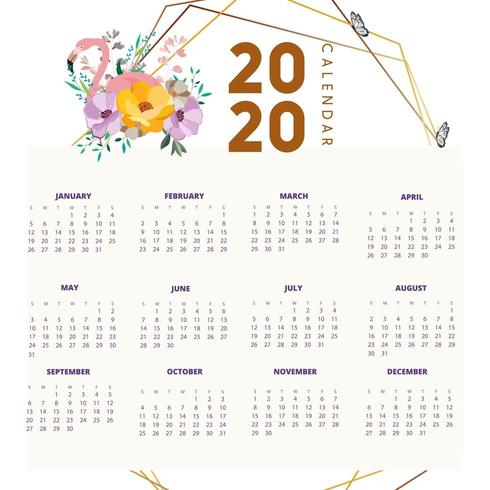 Diseño de calendario 2020 con flamencos y flores. vector