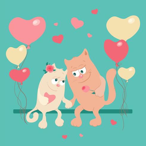 Cute cartoon cats in love on a swing with balloons vector