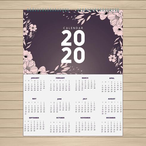 2020 pink floral calendar design vector