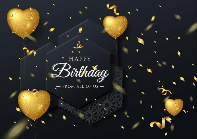 Golden Balloon birthday elegant greeting card with falling confetti vector