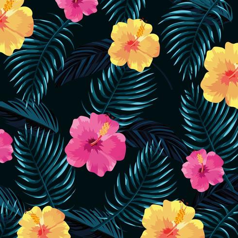 tropical flowers with leaves plants background vector