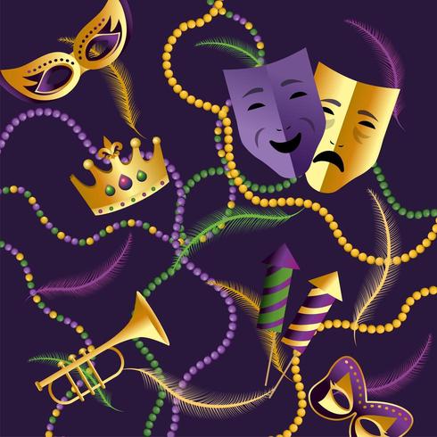 crown with masks and trumpet to Mardi gras vector