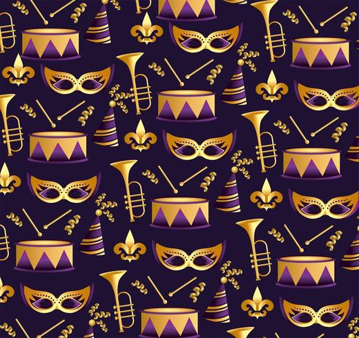 Mardi grass masks with trumpet and drum background vector