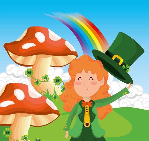 St. Patrick woman with fungus and clovers with rainbow vector