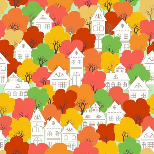 White city village on colorful autumn  seamless pattern vector