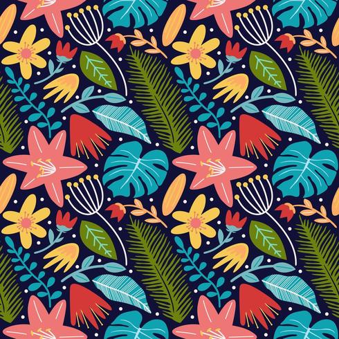 flower blossom leaves and monstera seamless pattern background vector