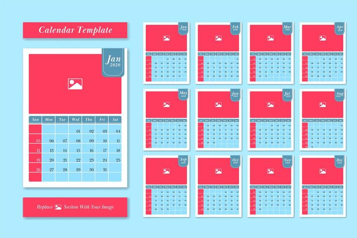 2020 calendar template set in pastel color style vector