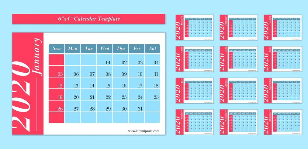 6x4 inch horizontal 2020 calendar template in blue and red color style vector