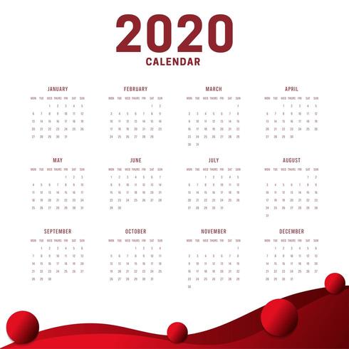 Minimal New Year Calendar 2020 White Red Background vector